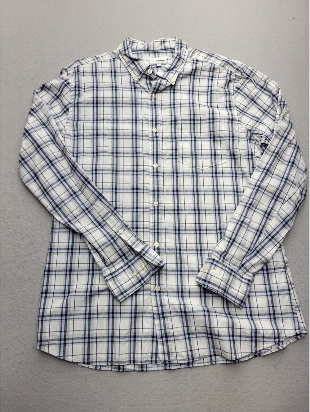 Sonoma Men's Button-Up Large Blue White Plaid Cotton Blend Long Sleeve Work